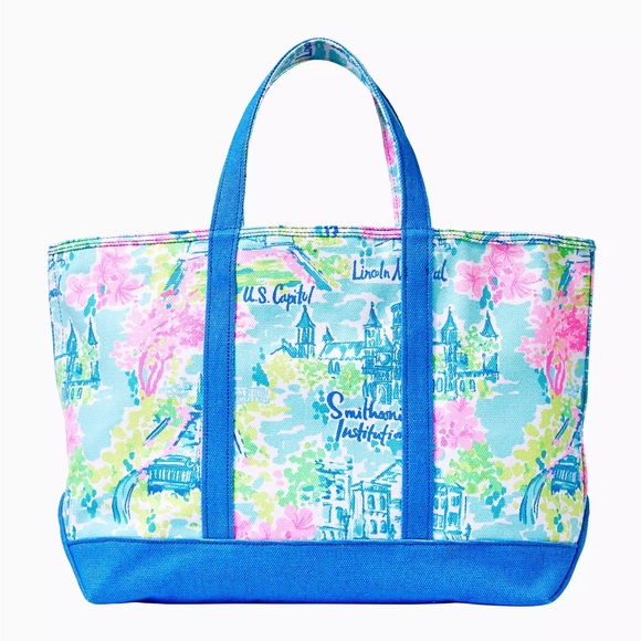 Women’s Lilly Pulitzer Mercato Canvas Cotton Tote Bag - Multi Lilly Loves DC - Picture 2 of 9